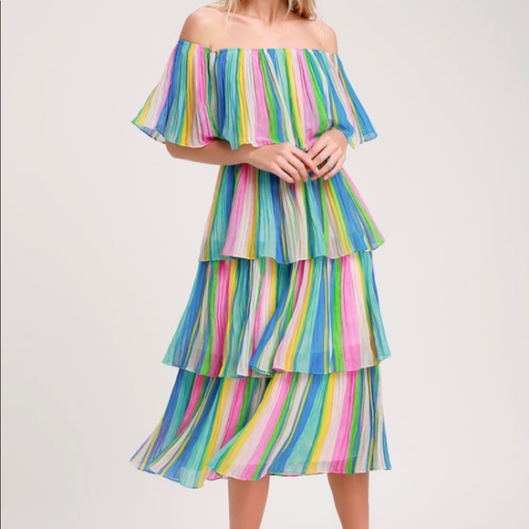 Lulus Dresses & Skirts - stripe print off the shoulder ruffle midi dress